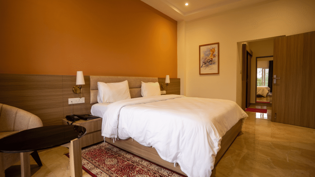 Golden Pagoda Ecoresort Suiteroom Bed view best resort in Namsai